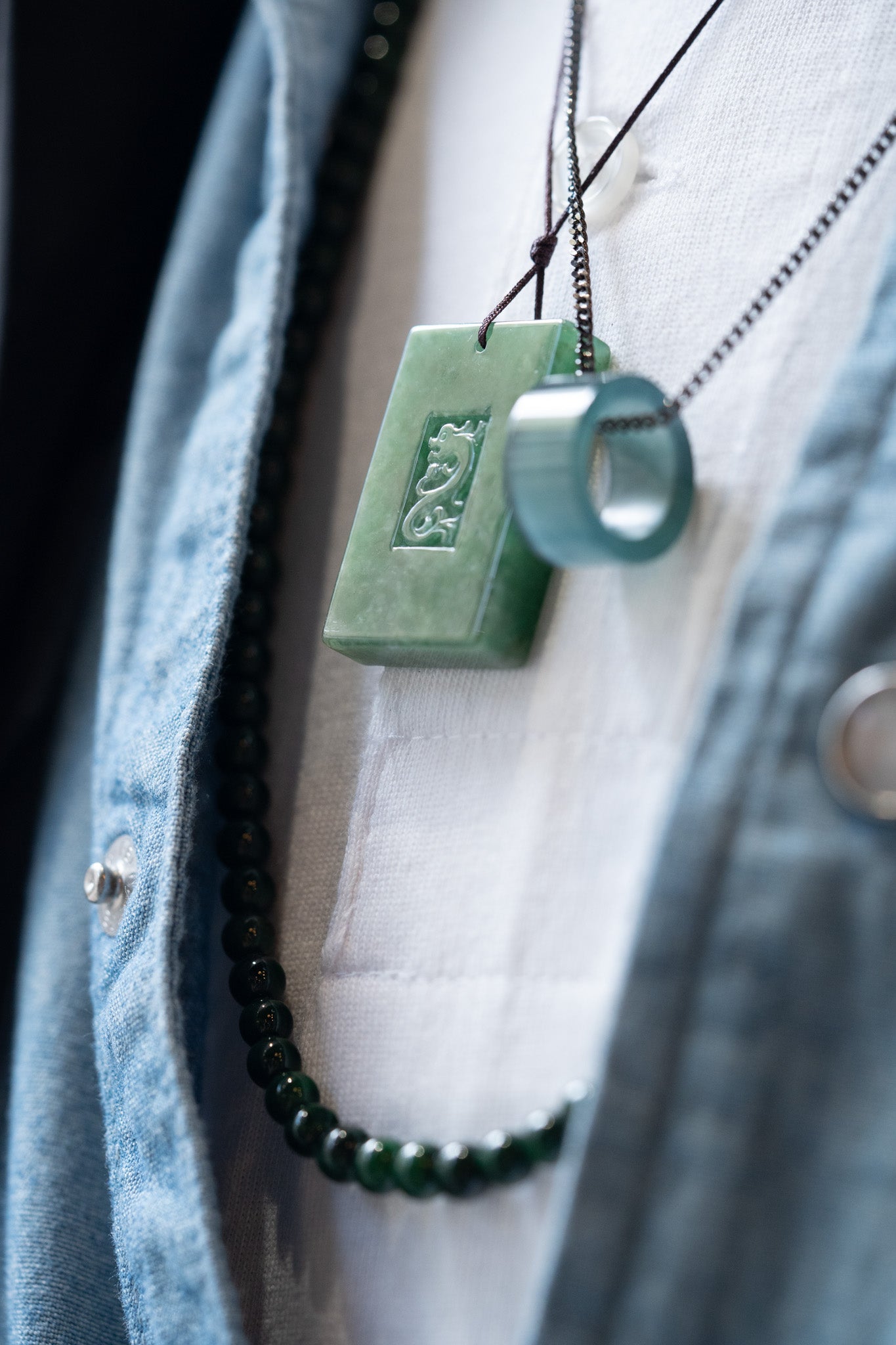 Medium Green Jadeite Engraved Dragon Tag with Pale Green patches