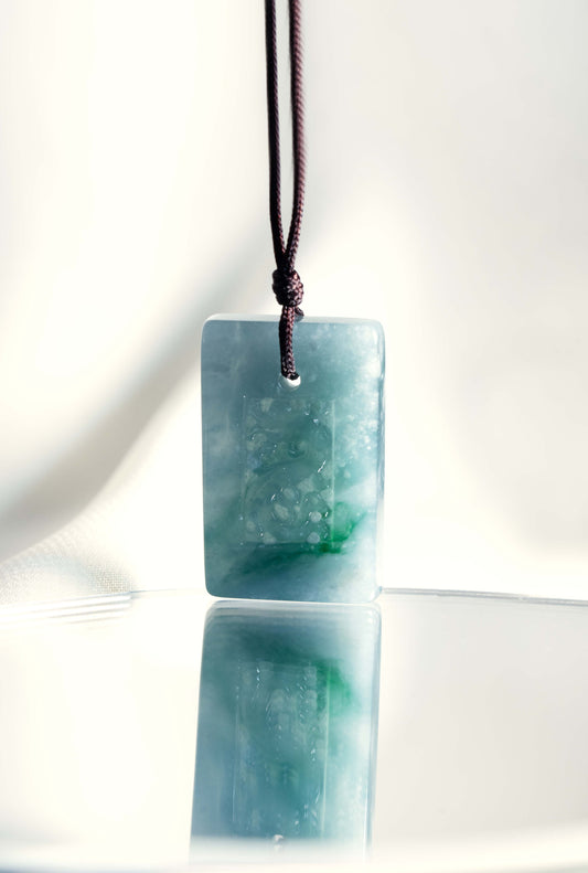 Medium Bluish Green Jadeite Tag with Engraved Dragon