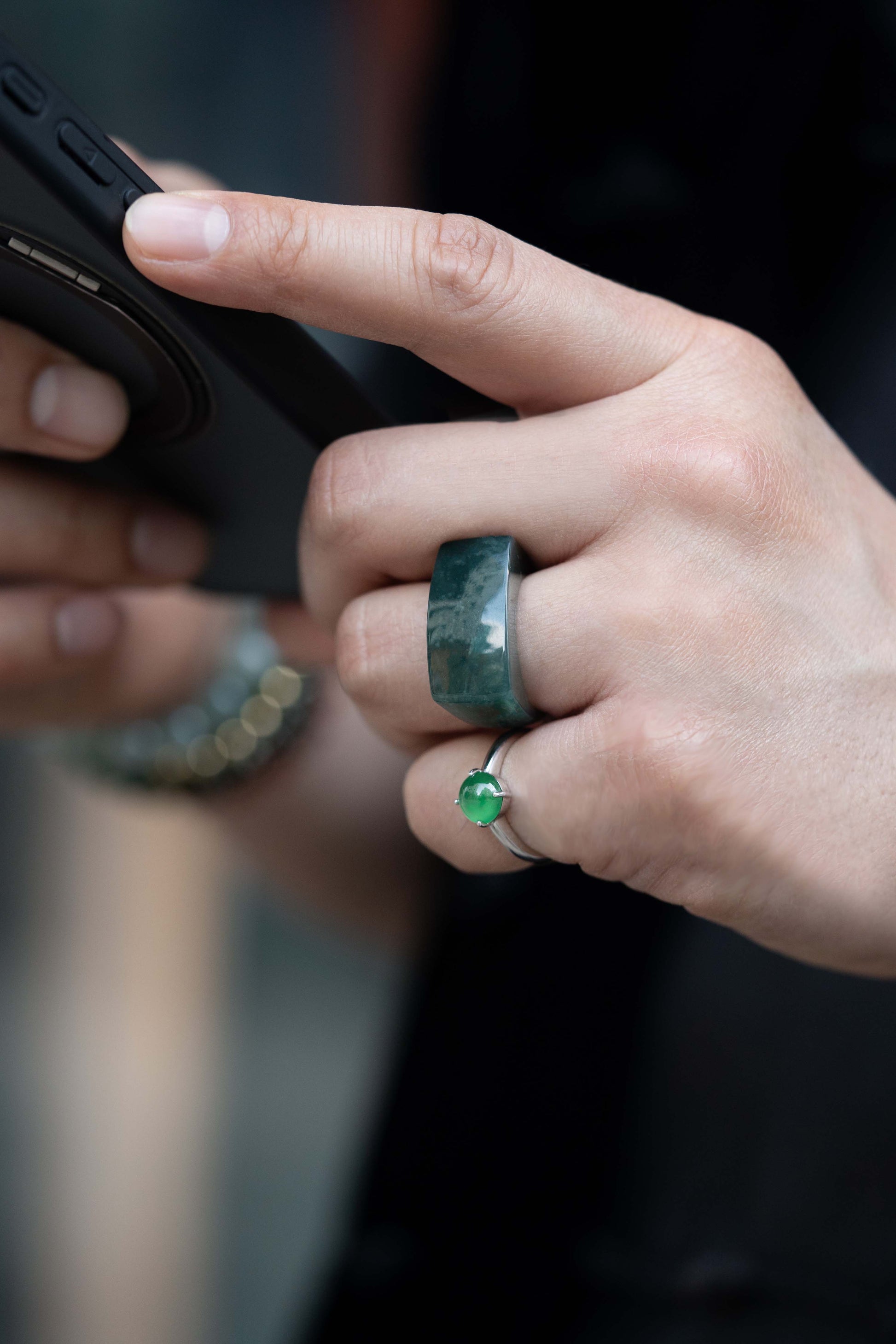 Intense Bluish Green Jadeite Ring with White Patches matches with 18K White Gold Green Jadeite Ring