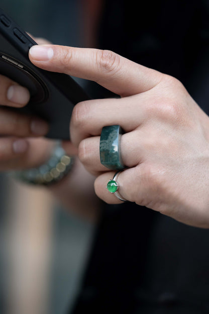 Intense Bluish Green Jadeite Ring with White Patches matches with 18K White Gold Green Jadeite Ring