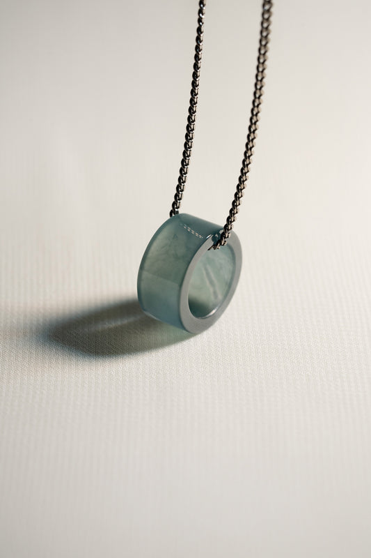 Deep Bluish Green Jadeite Ring Pendant hung on a Black 925 Silver Chain 
