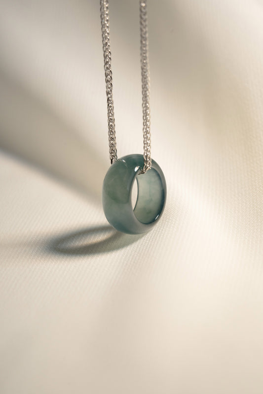 Deep Bluish Green Jadeite Ring Pendant hung on a 925 Silver Chain 