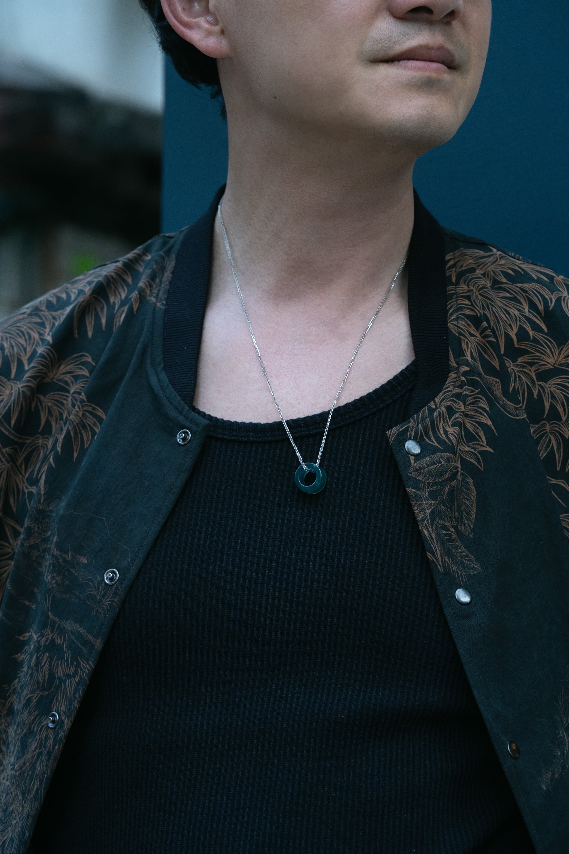 Large Intense Bluish Green Jadeite Ring Pendant hung on a 925 Silver Chain styles with Silk Black Bamboo Bomber Jacket