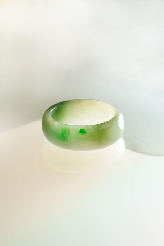 Pale Yellowish Green Jadeite Ring with Medium Green patches