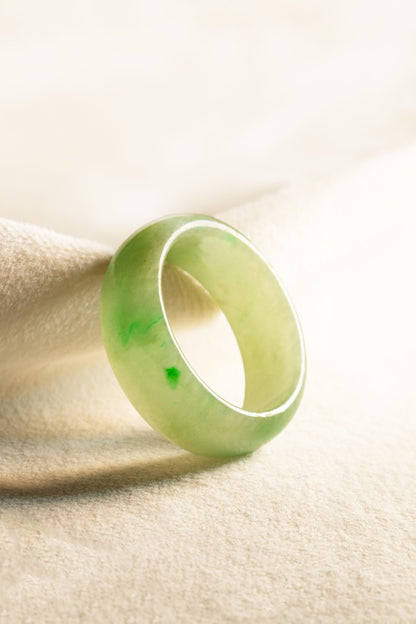 Pale Yellowish Green Jadeite Ring with Medium Green patches