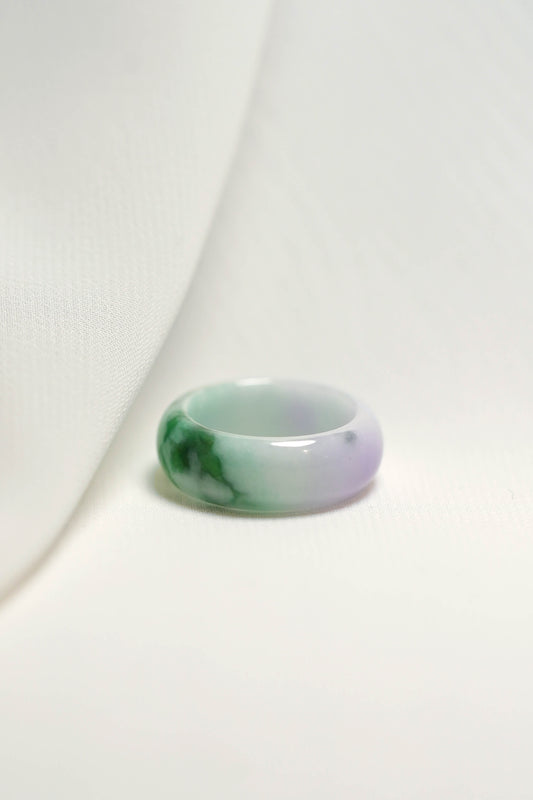 Pale Green Jadeite Ring with Intense Green and Pale Purple patches