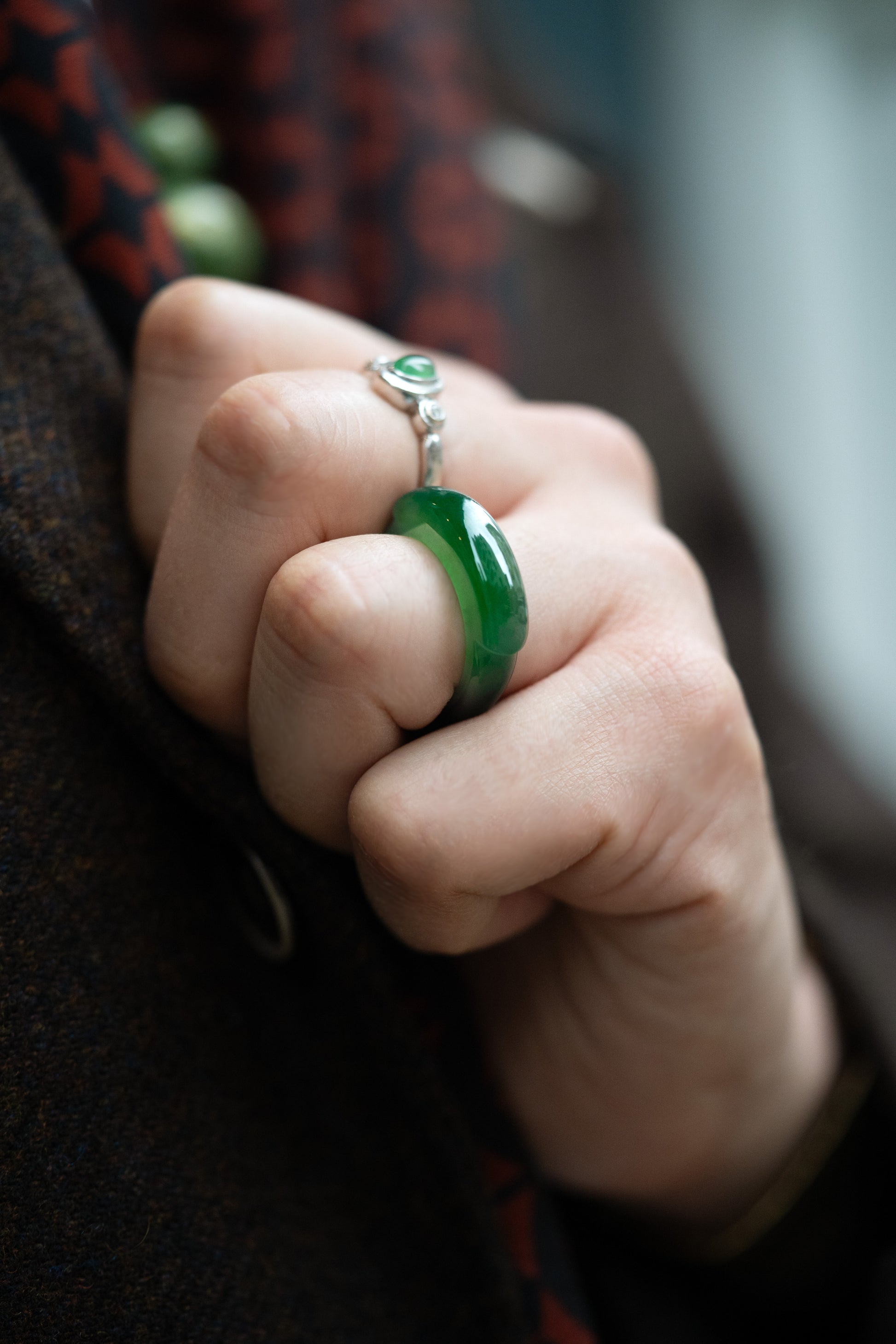 Intense Green Saddle Jadeite Ring matches with 18K White Gold Green Jadeite Ring with Two Natural Diamonds