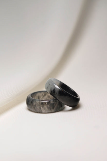 Black Jadeite Ring with White patches and Grey Jadeite Ring with Black patches