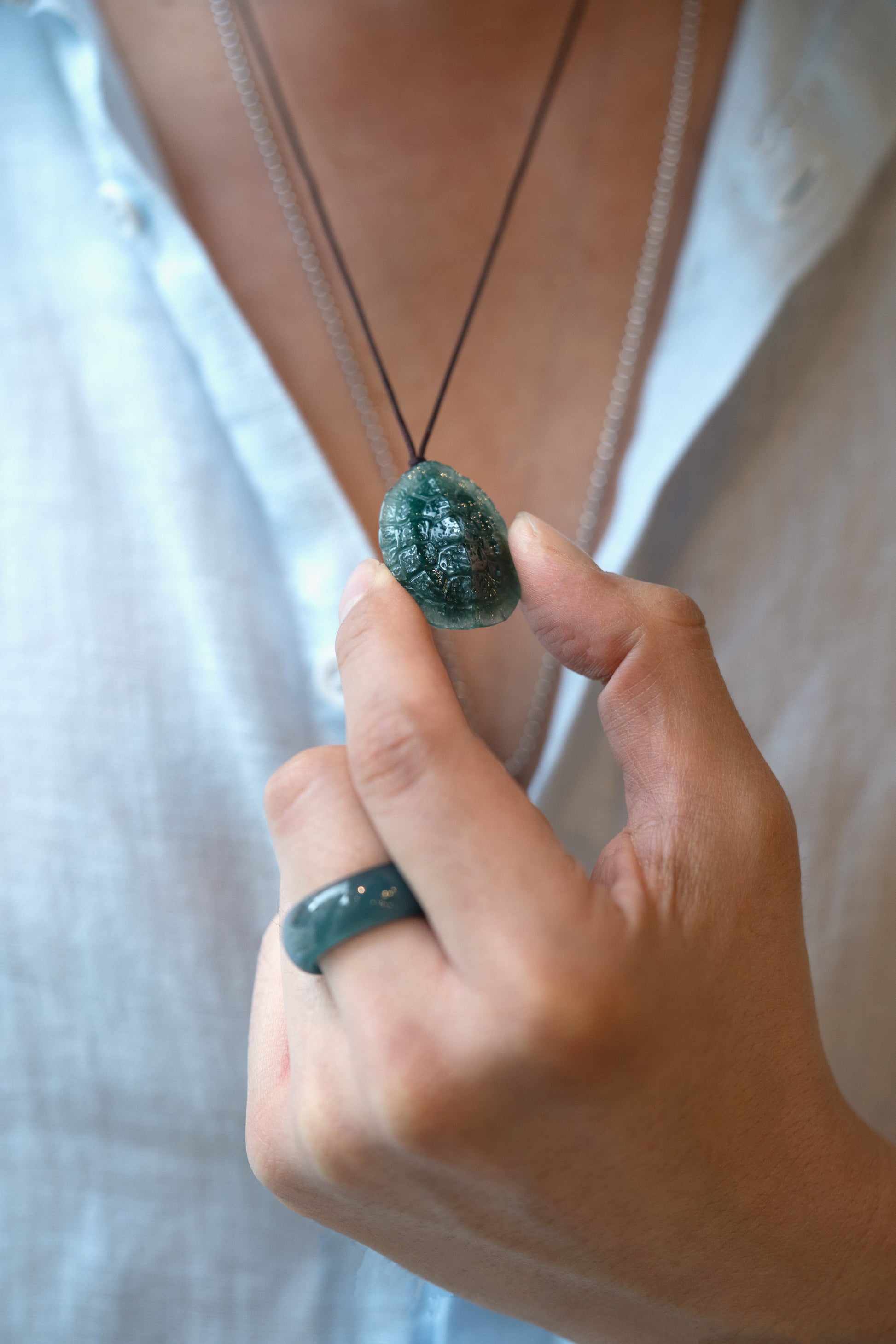 Carved Turtle Shell in Bluish Green Jadeite