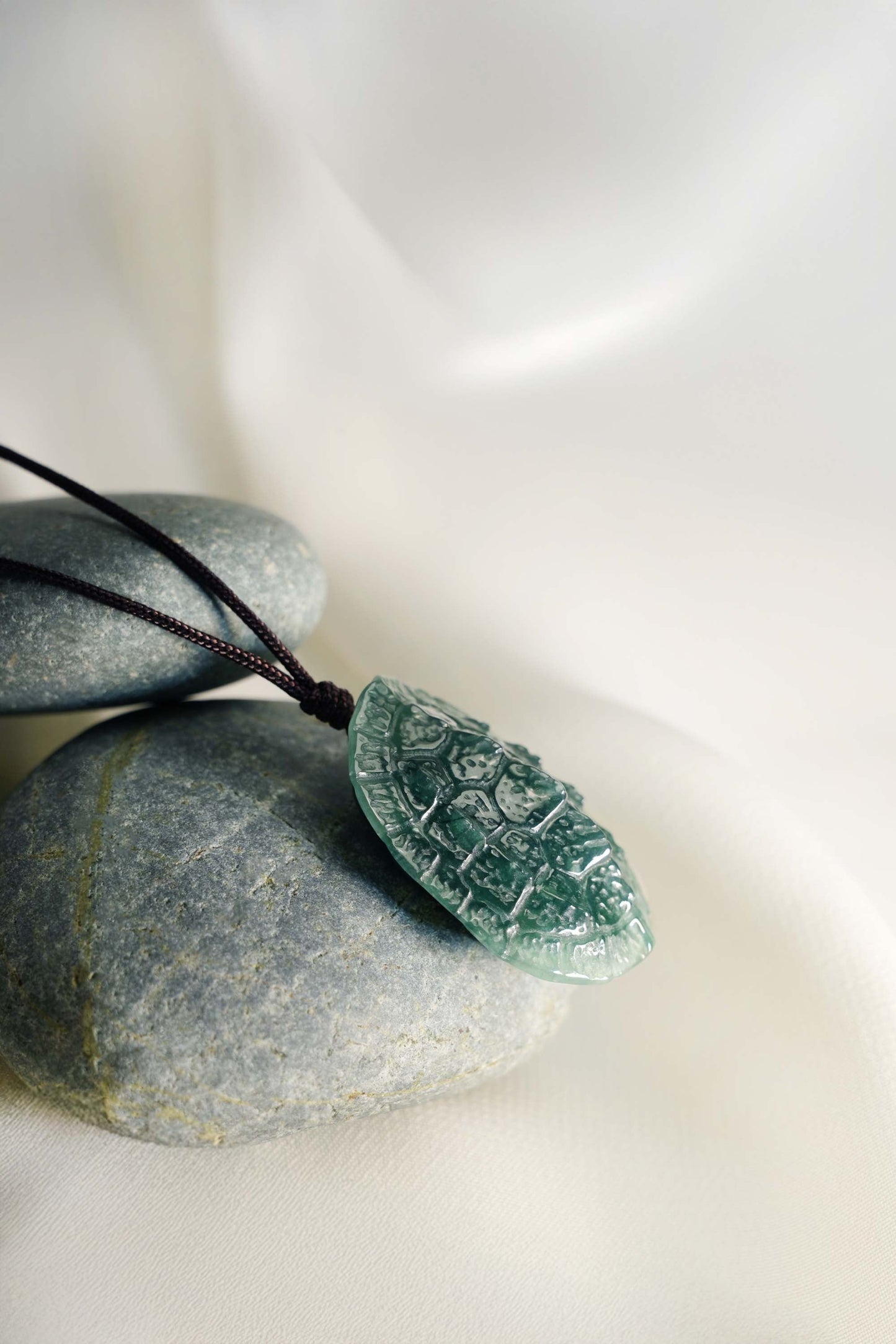 Carved Turtle Shell in Bluish Green Jadeite - Lateral