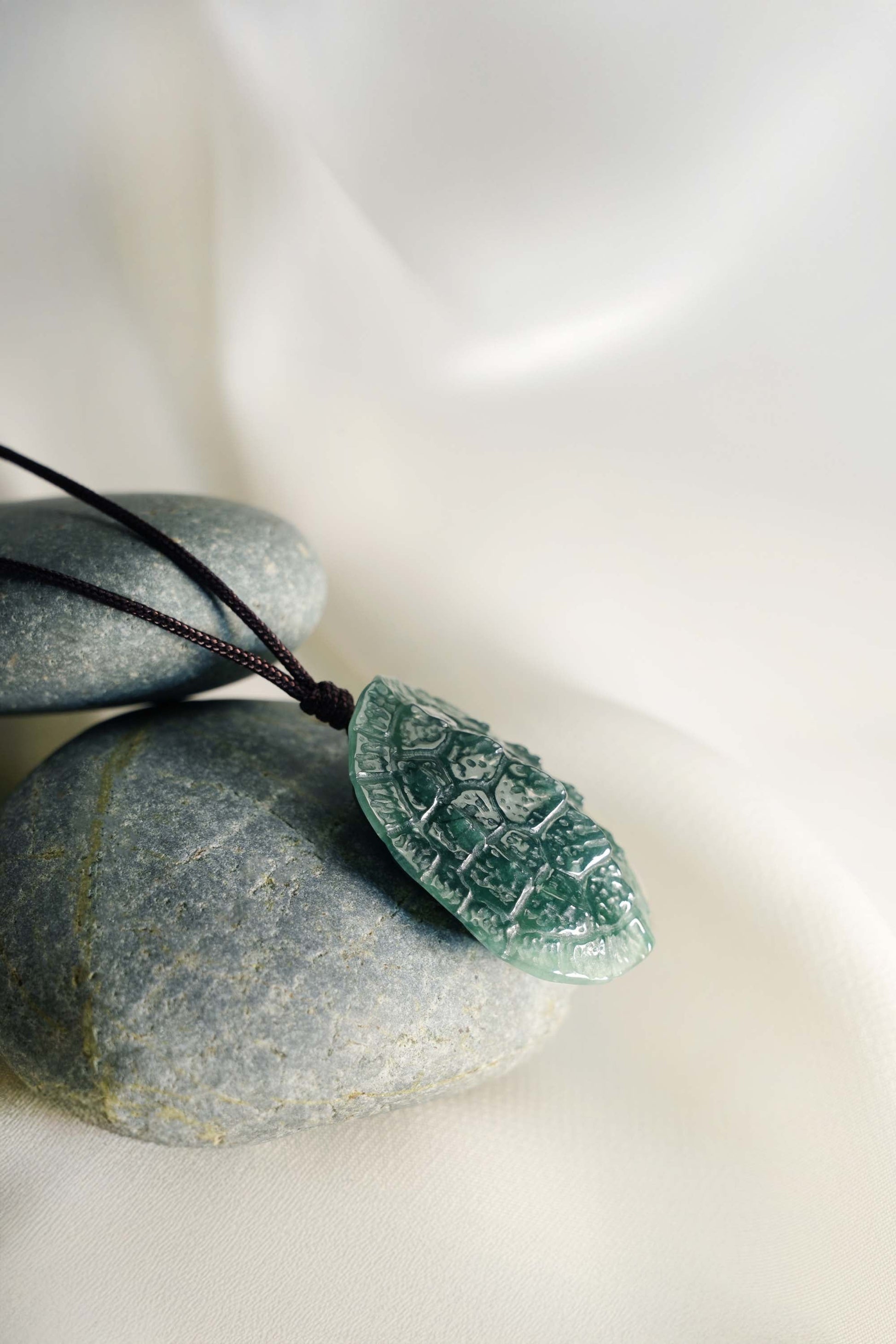 Carved Turtle Shell in Bluish Green Jadeite - Lateral