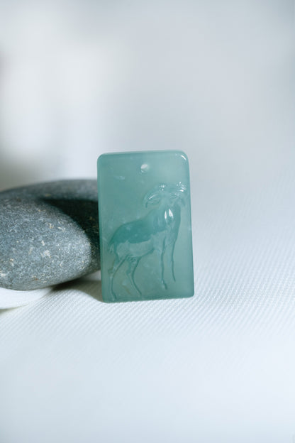 Zodiac Goat in Bluish Green Jadeite Jade Pendant