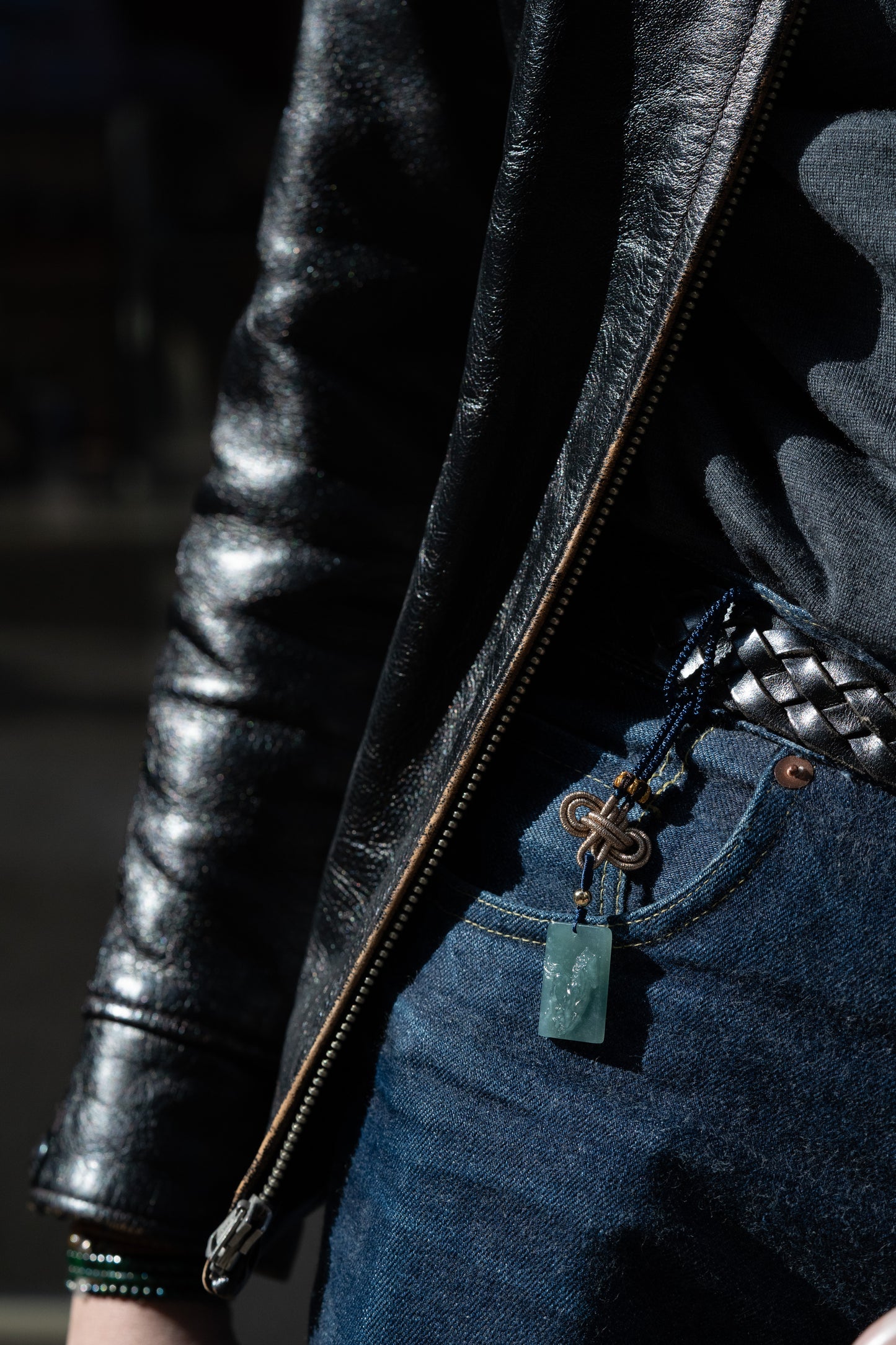 Zodiac Horse in Bluish Green Jadeite Jade Pendant hung on a belt