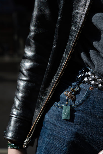 Zodiac Horse in Bluish Green Jadeite Jade Pendant hung on a belt