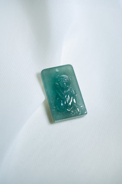 Zodiac Monkey in Bluish Green Jadeite Jade Pendant