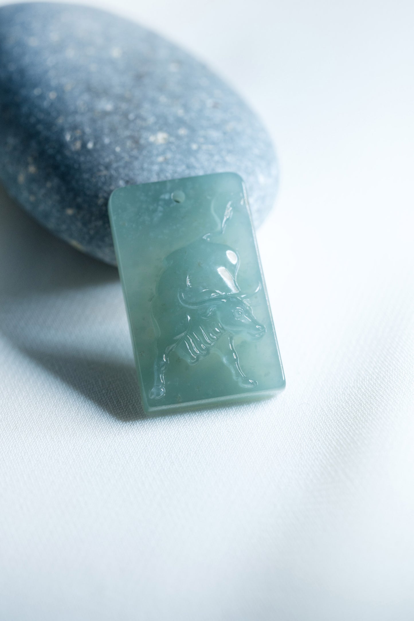 Zodiac Ox in Bluish Green Jadeite Jade Pendant