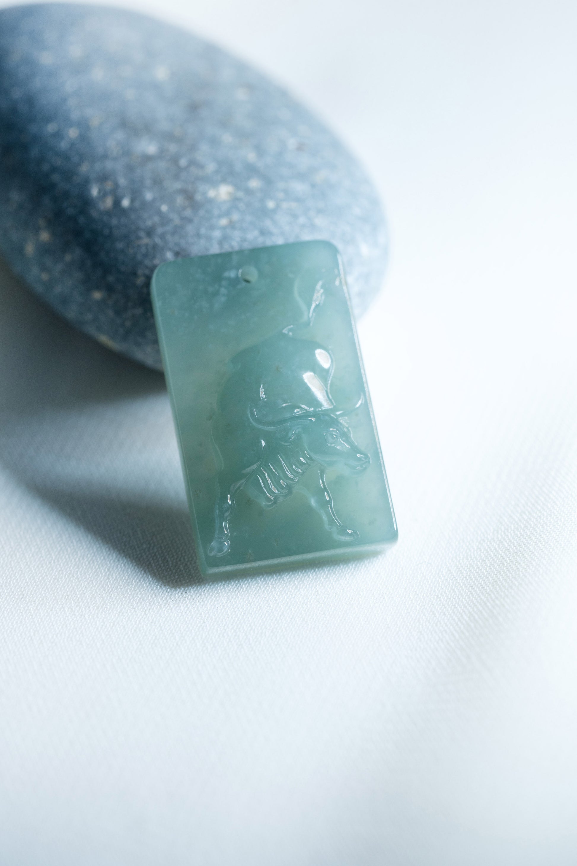 Zodiac Ox in Bluish Green Jadeite Jade Pendant