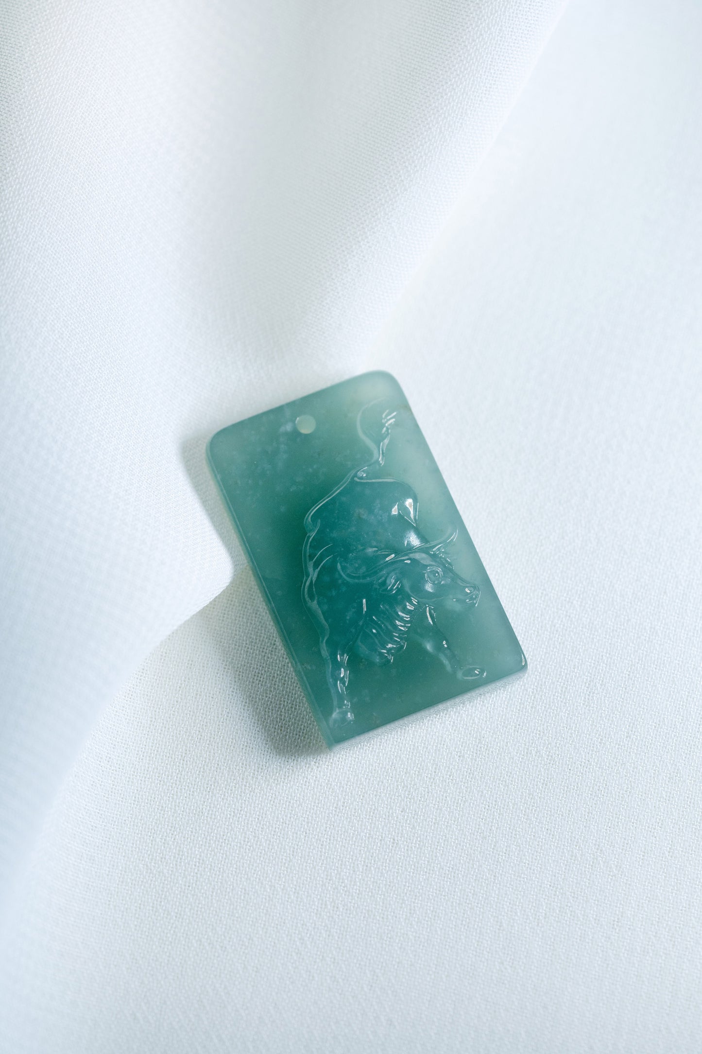 Zodiac Ox in Bluish Green Jadeite Jade Pendant