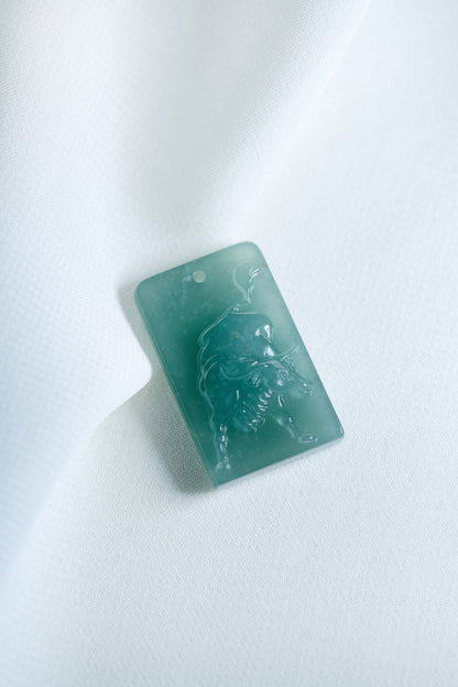 Zodiac Ox in Bluish Green Jadeite Jade Pendant