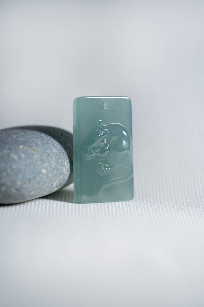 Zodiac Rat in Bluish Green Jadeite Jade Pendant