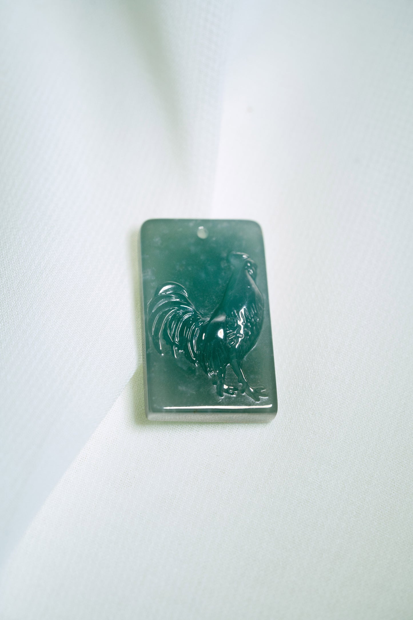 Zodiac Rooster in Bluish Green Jadeite Jade Pendant