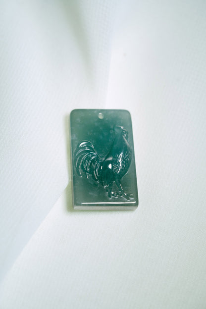 Zodiac Rooster in Bluish Green Jadeite Jade Pendant