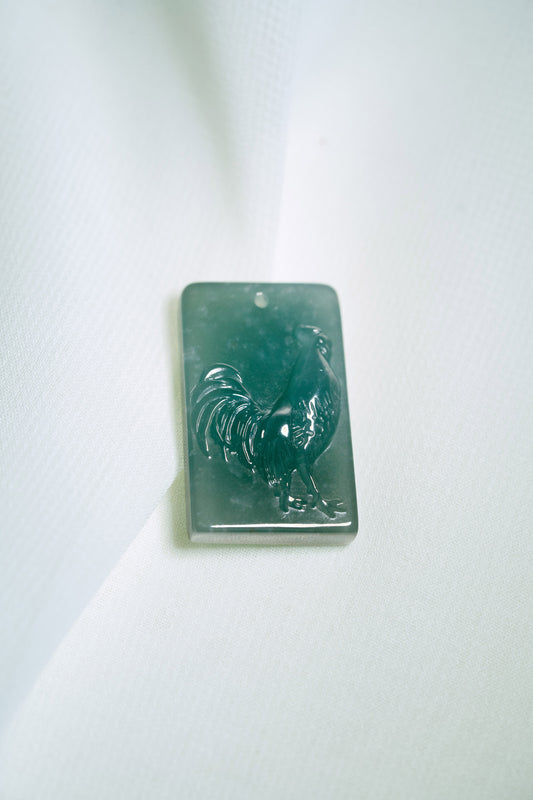 Zodiac Rooster in Bluish Green Jadeite Jade Pendant