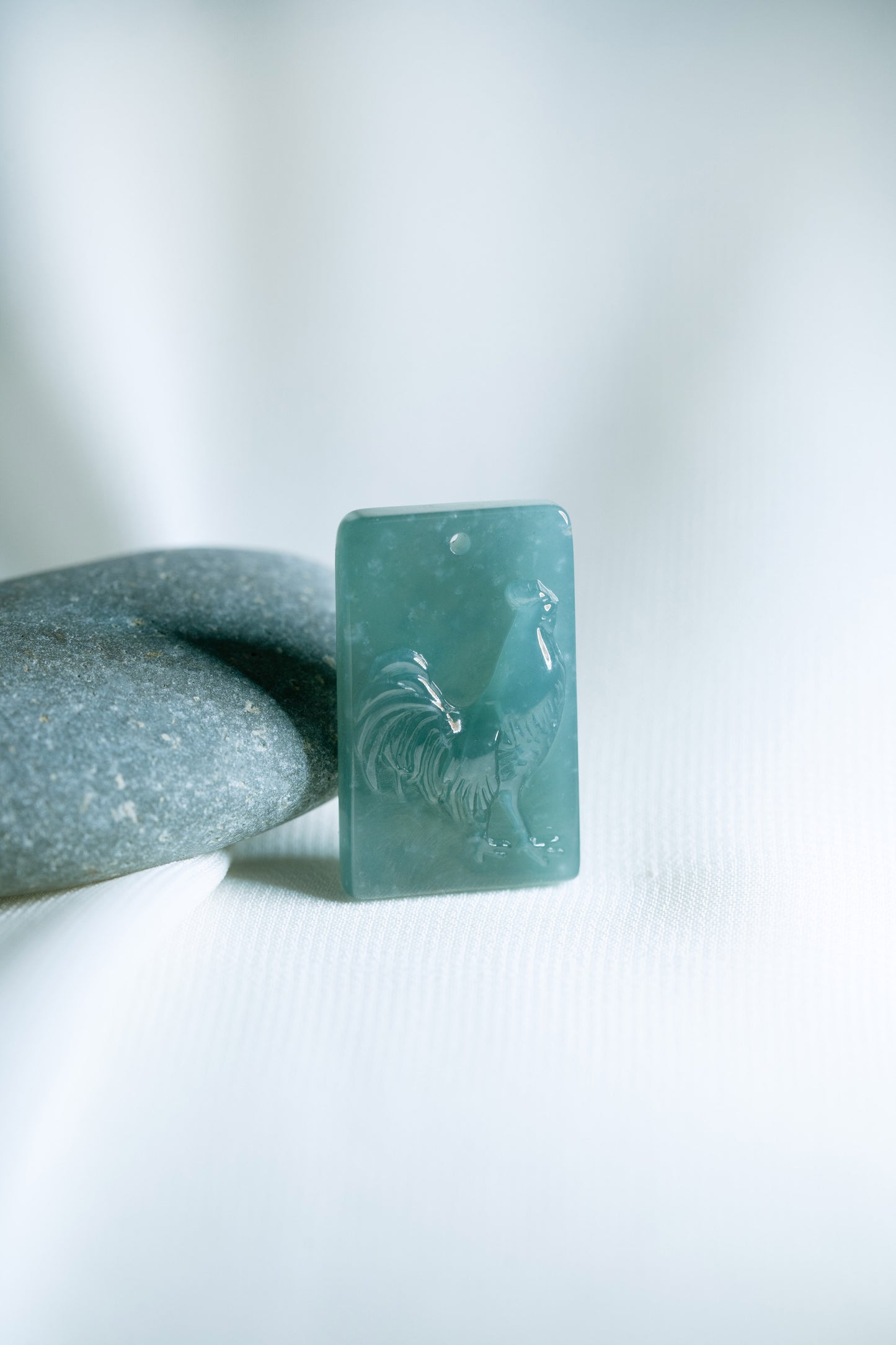 Zodiac Rooster in Bluish Green Jadeite Jade Pendant