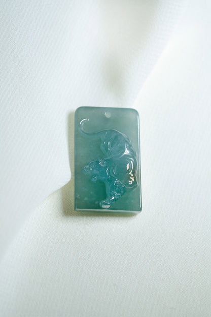 Zodiac Tiger in Bluish Green Jadeite Jade Pendant