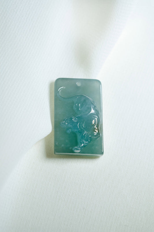Zodiac Tiger in Bluish Green Jadeite Jade Pendant