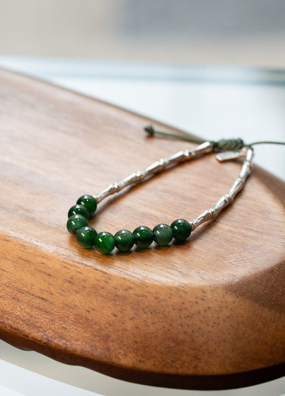 Deep Green Jadeite Beads Bracelet  with Intense Green Patches and 925 Silver Nuggets