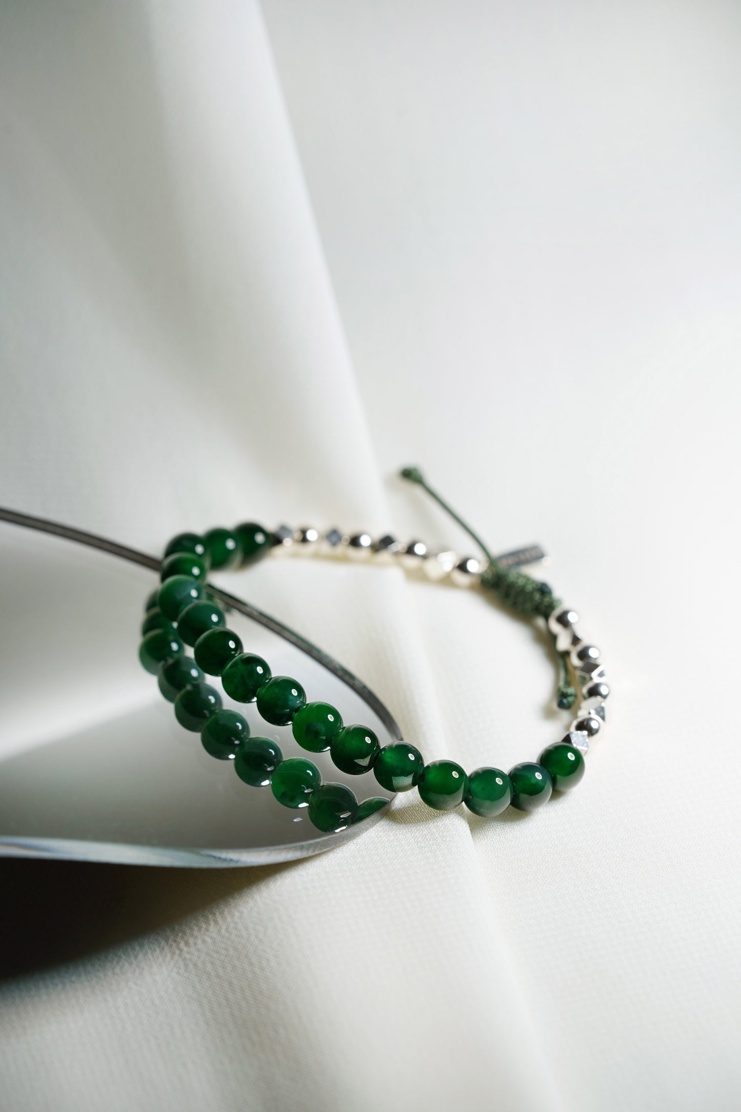 Deep Green Jadeite Bead with Dark Green Patches and 925 Silver Nuggets Bracelet