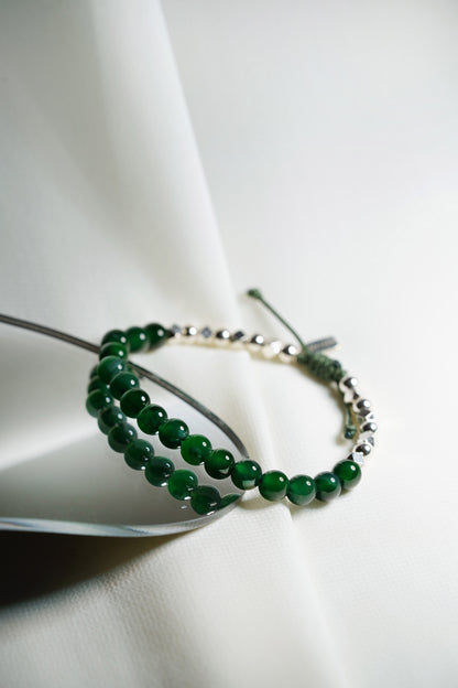 Deep Green Jadeite Bead with Dark Green Patches and 925 Silver Nuggets Bracelet