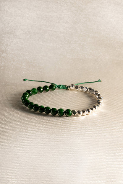 Deep Green Jadeite Beads Bracelet with 925 Silver Nuggets