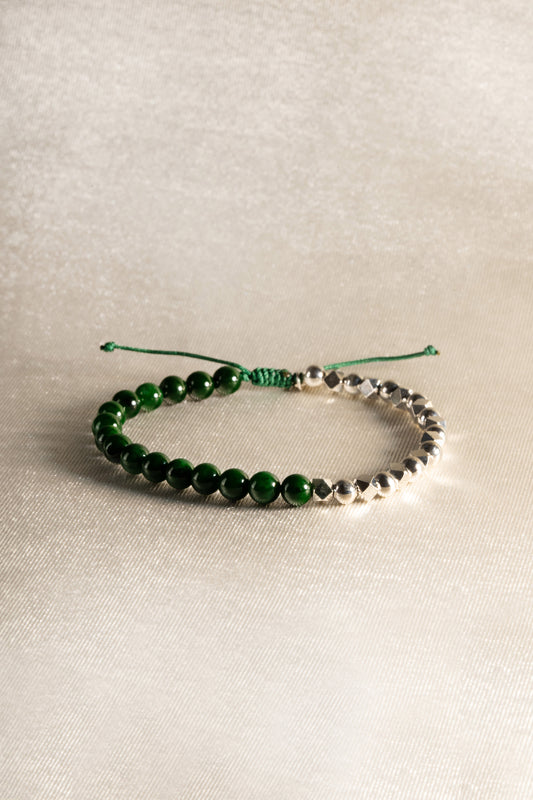 Deep Green Jadeite Beads Bracelet with 925 Silver Nuggets