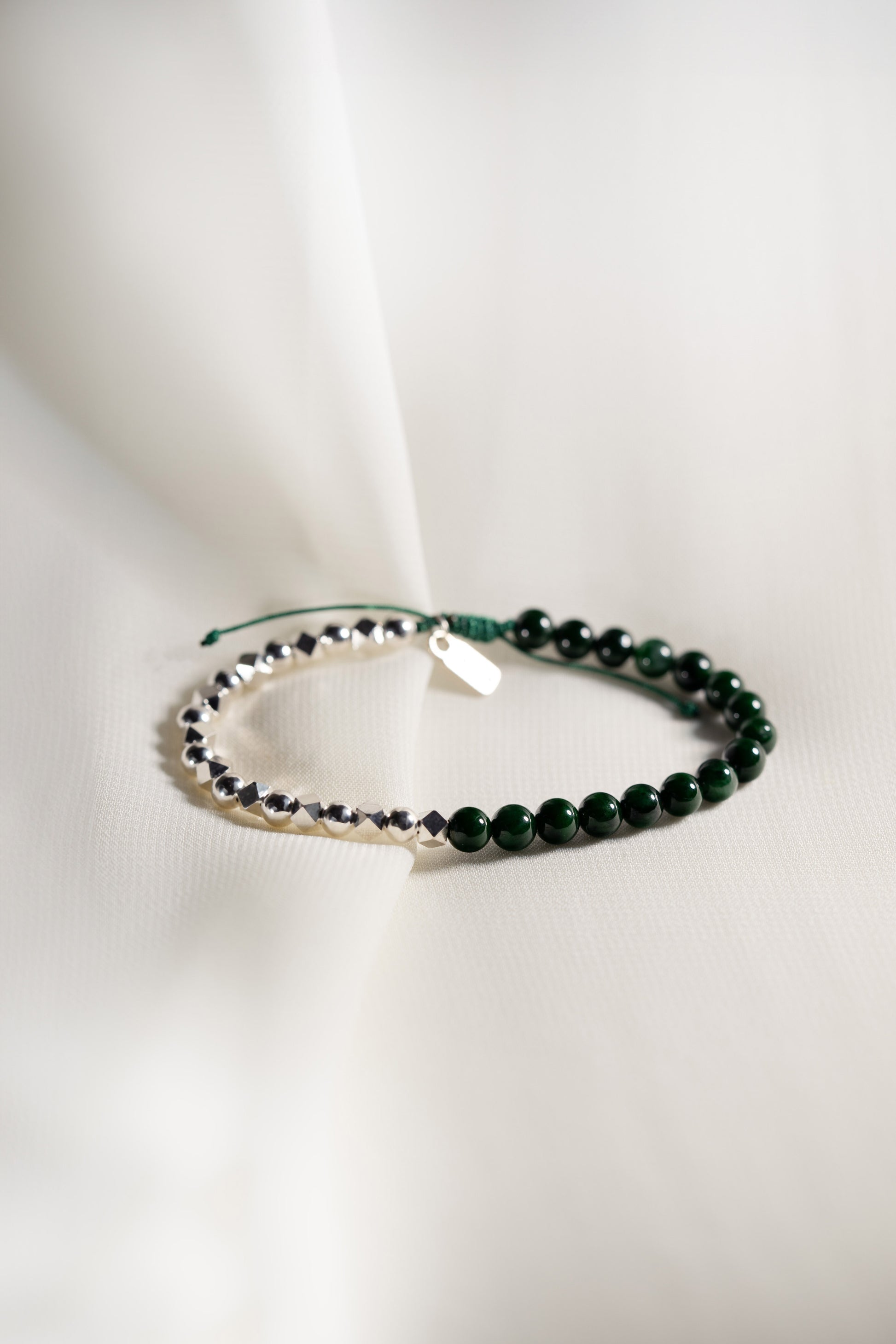 Deep Green Jadeite Beads Bracelet with 925 Silver Nuggets