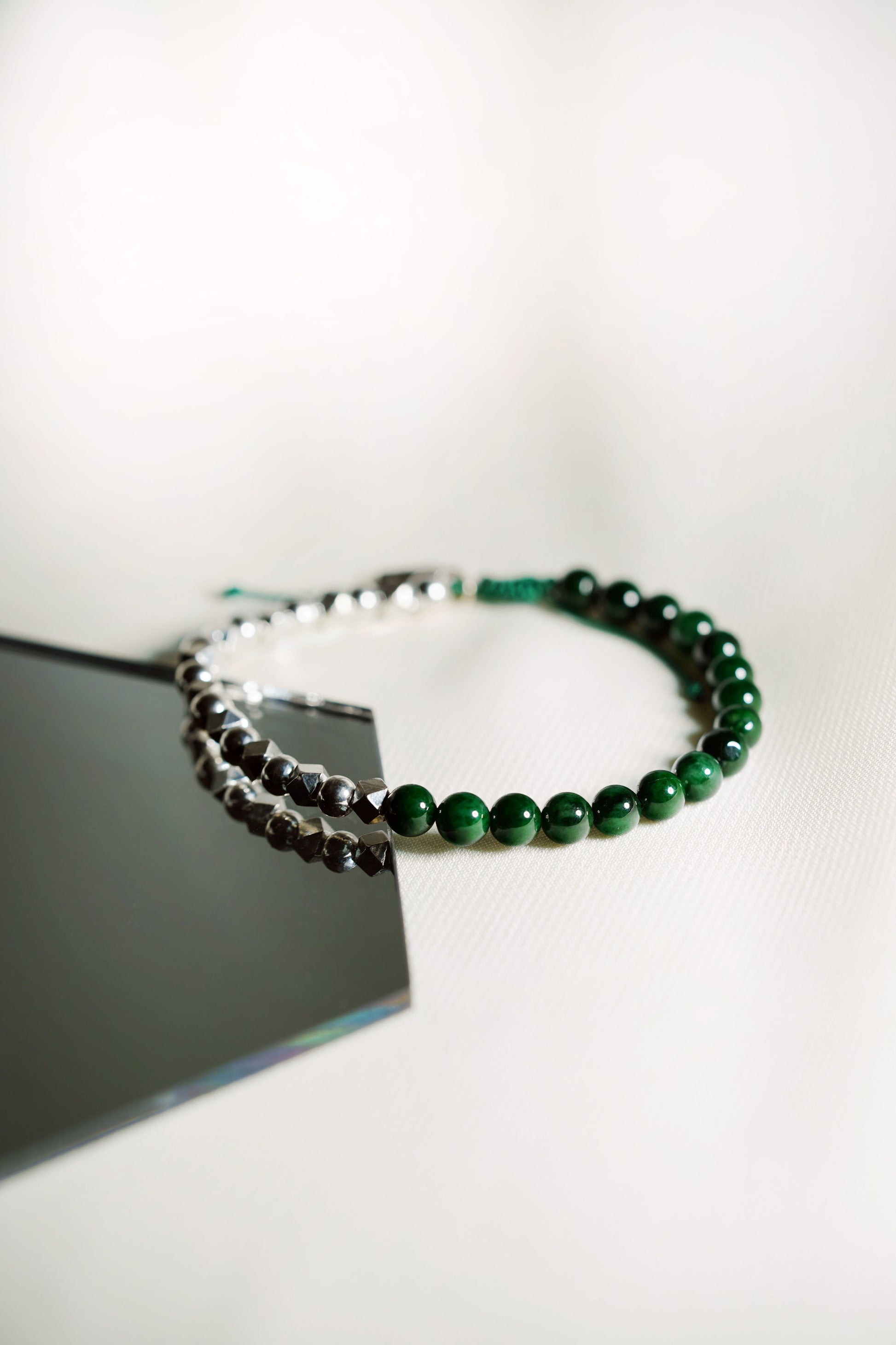 Deep Green Jadeite Beads Bracelet with 925 Silver Nuggets