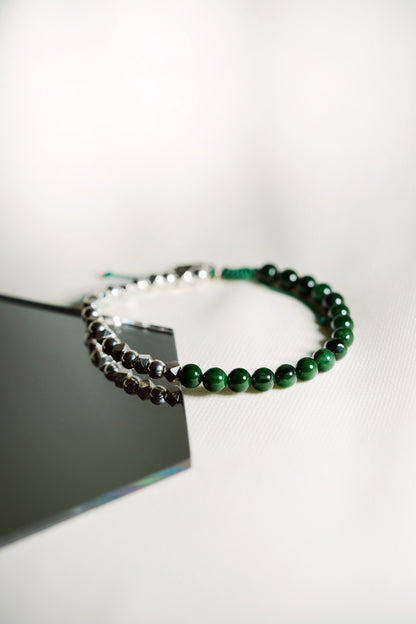 Deep Green Jadeite Beads Bracelet with 925 Silver Nuggets