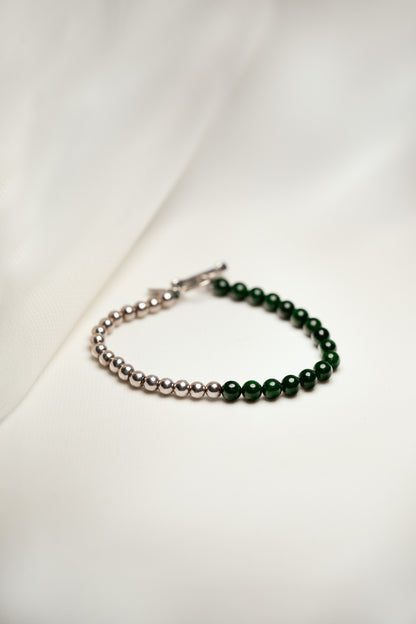 Deep Green Jadeite Beads Bracelet with 925 Silver Nuggets 