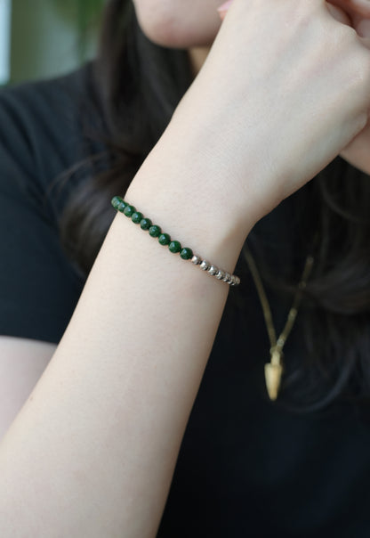 Deep Green Jadeite Beads Bracelet with 925 Silver Nuggets 