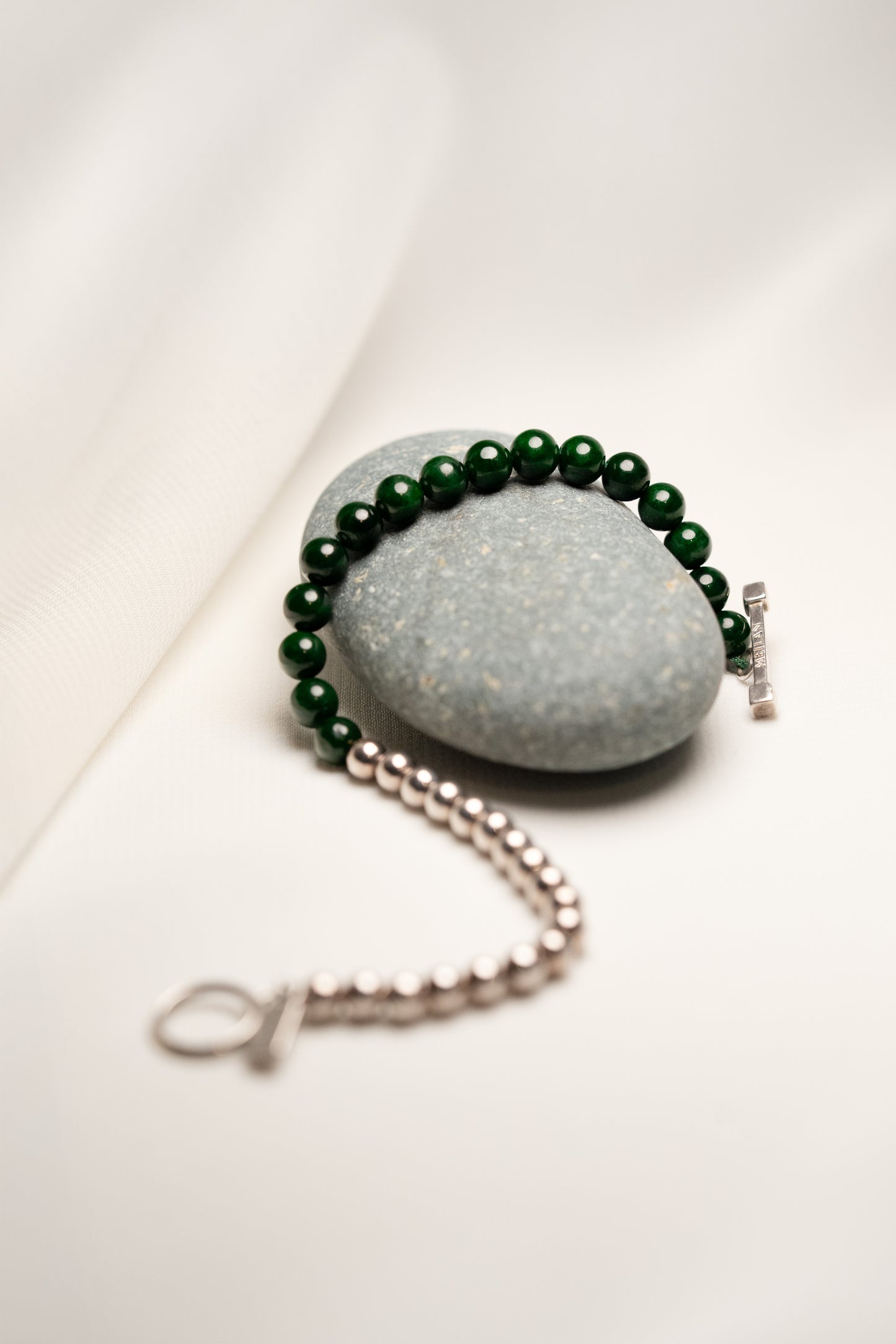 Deep Green Jadeite Beads Bracelet with 925 Silver Nuggets with Sterling Silver Toggle Closure