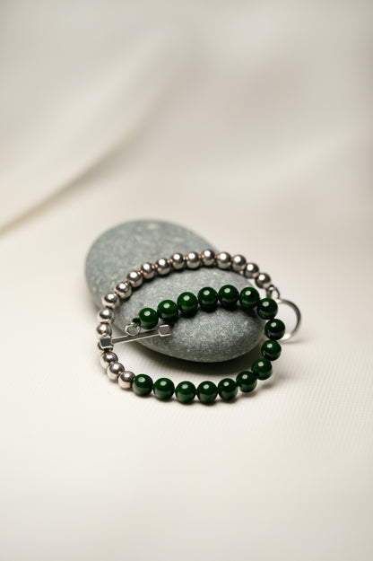 Deep Green Jadeite Beads Bracelet with 925 Silver Nuggets with Sterling Silver Toggle Closure