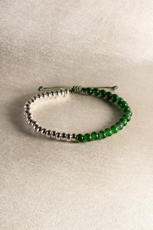 Bead Bracelet - Green Jadeite Beads & 925 Silver Nuggets - #09