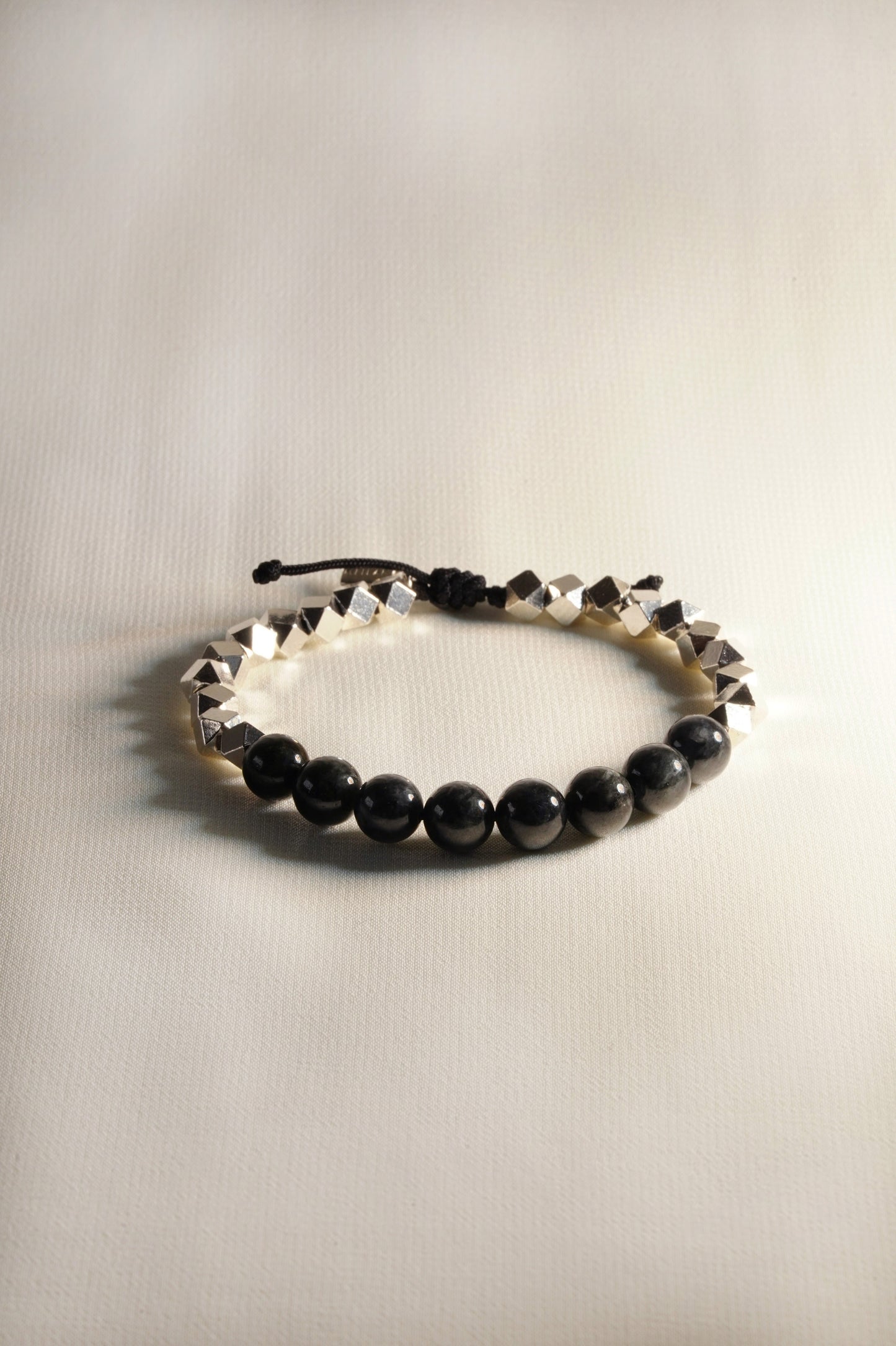 Black Jadeite Beads with White patches and 925 Silver Nuggets Bracelet