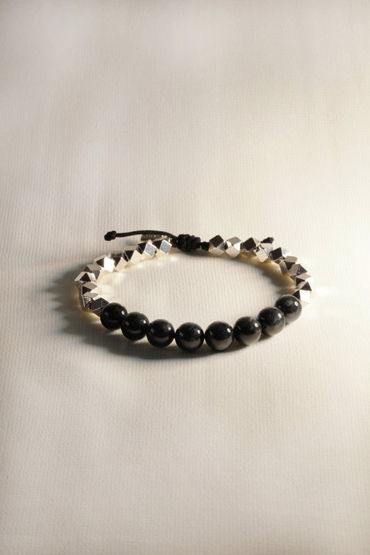 Black Jadeite Beads with White patches and 925 Silver Nuggets Bracelet