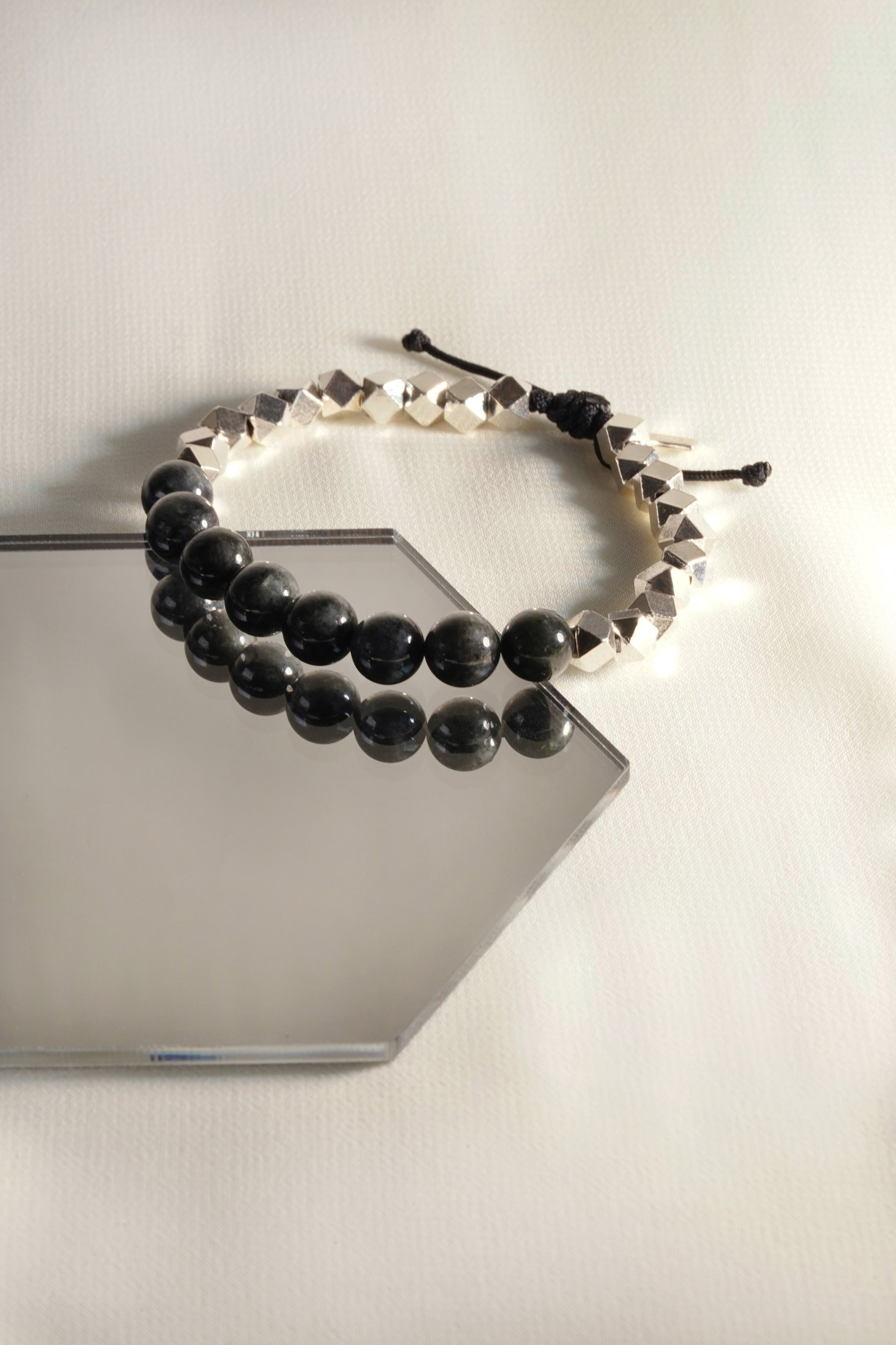 Black Jadeite Beads with White patches and 925 Silver Nuggets Bracelet