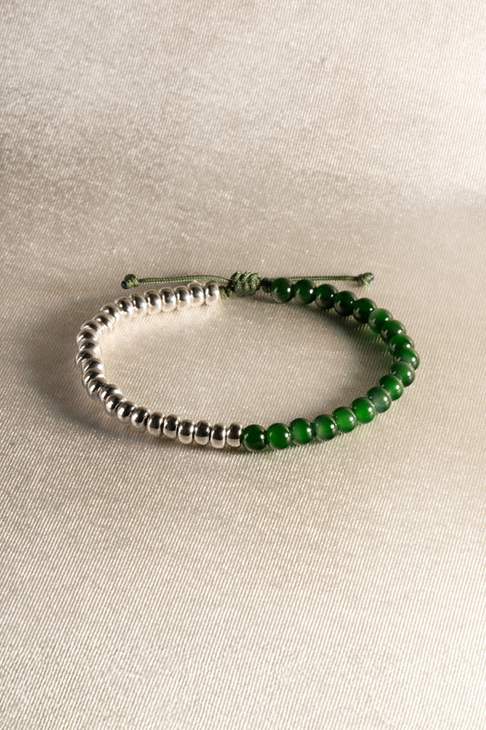 Deep Green Jadeite Beads Bracelet with 925 Silver Nuggets