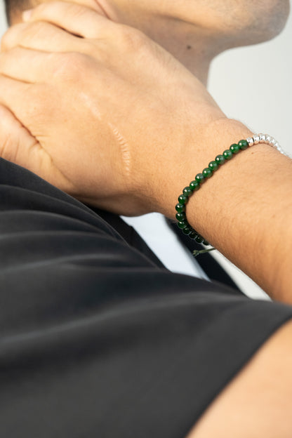 Deep Green Jadeite Beads Bracelet with 925 Silver Nuggets