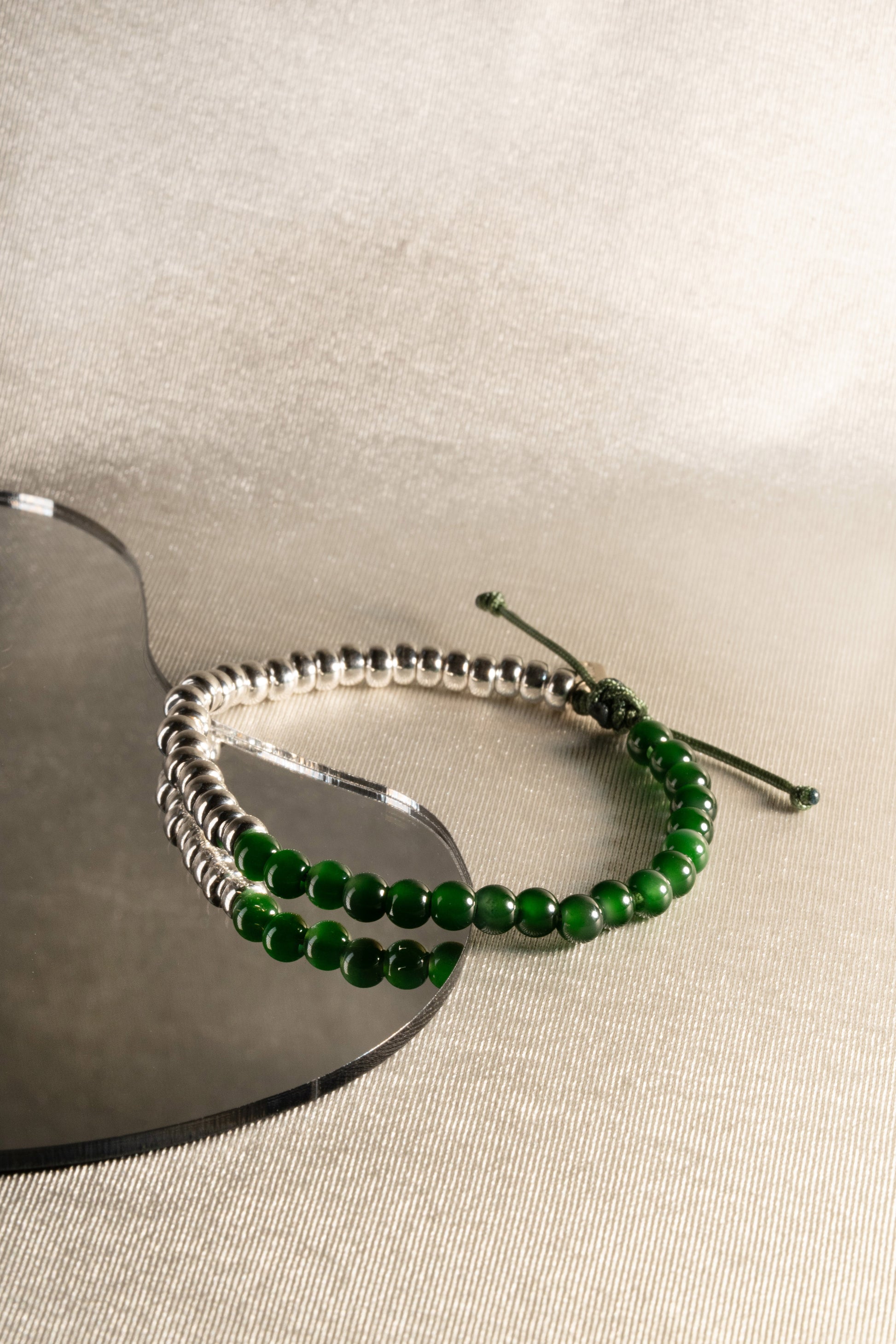 Deep Green Jadeite Beads Bracelet with 925 Silver Nuggets