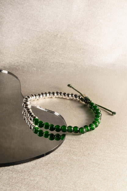 Deep Green Jadeite Beads Bracelet with 925 Silver Nuggets
